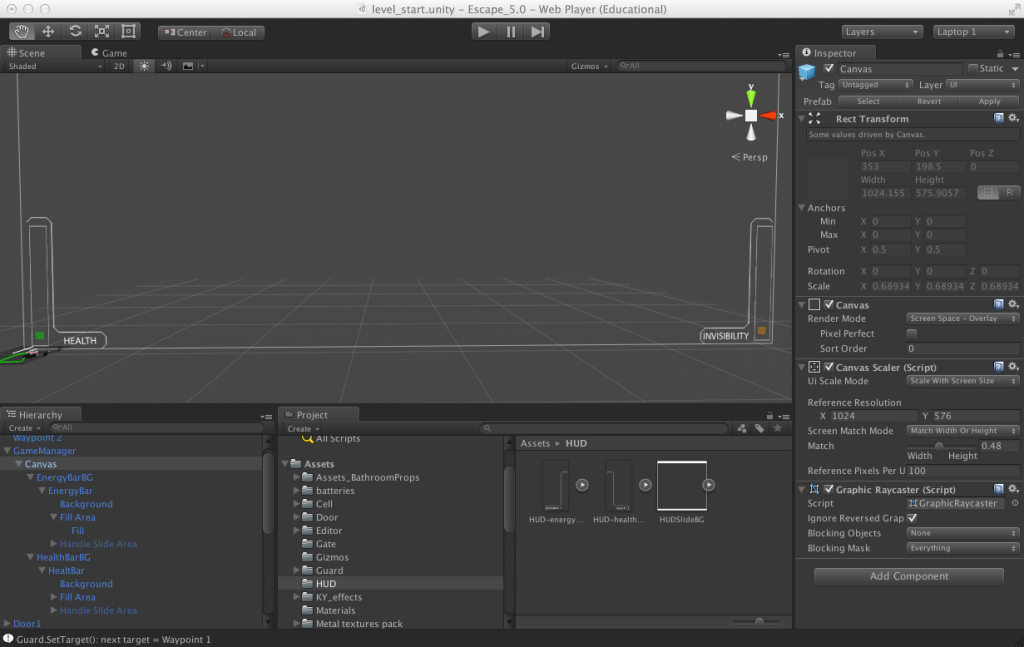 HUD objects set-up. After creating  images for HUD, set the texture type of the textures as Sprite (2D and UI) and after that you can attach the textures to UI image object.
