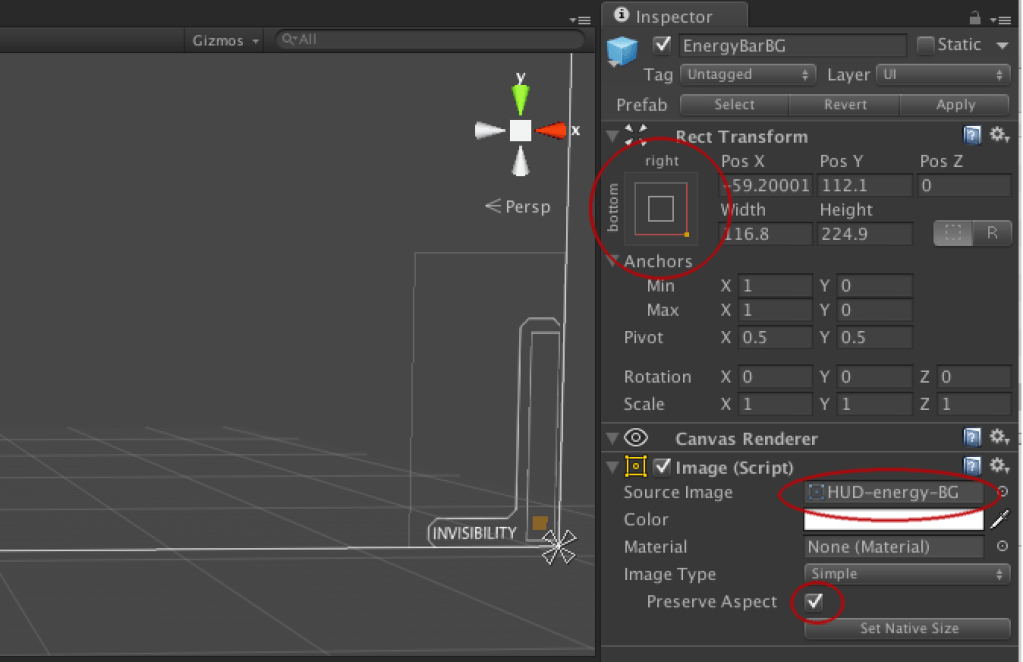 Setting  up Invisibility/Energy bar. Note the anchoring and values (marker with the red circle),